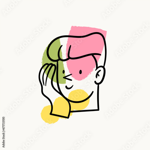 Outline human portrait. Happy man with hand near face. Abstract colorful shapes on background. Hand drawn trendy Vector illustration. Isolated design element. Good mood concept. Icon, avatar template