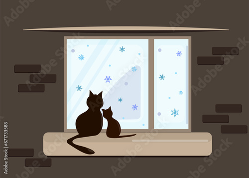 The cats are sitting on the windowsill looking out the window at the snowfall outside. Rear view from the room. Flat style. Vector drawing