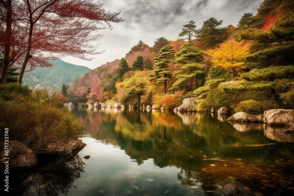 Colorful Japanese autumn garden with trees and lake. Generative AI