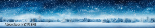  An image of a panoramic snowy landscape with trees and a starry night sky. The image can be used as a background for winter-related websites or as a banner for a holiday event. © Yevheniia