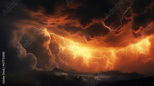 Gray yellow orange sky with clouds view. Dramatic skies background with space for design. Dark gloomy storm clouds. Lightning fire bright flash explosion in the sky.