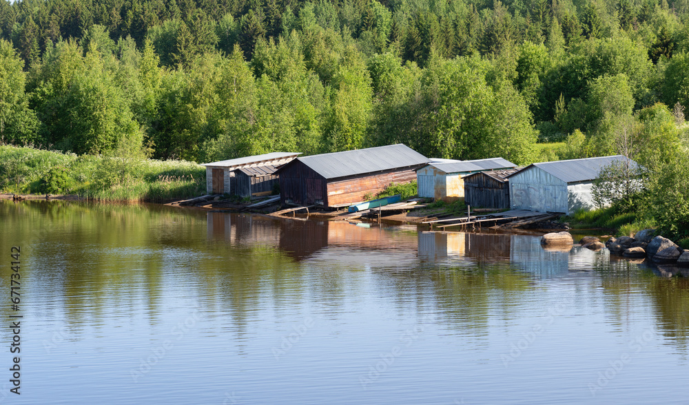 Boat garages on the shore of Lake Onega