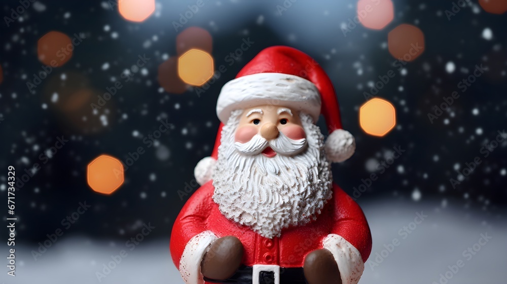 Cute Santa Claus in Christmas Attire with a Snowy Blur Background