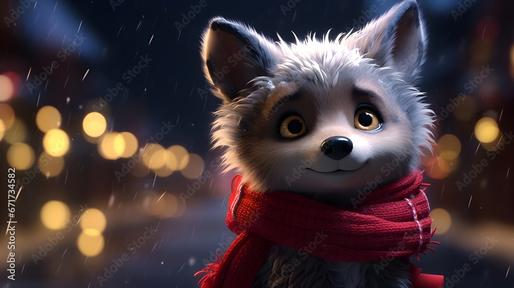 Cute Wolf in Christmas Attire with Snowy Blur Background Cute Wolf in Christmas Attire with Snowy Blur Background