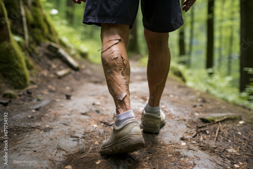 Wrinkled knees of elderly man with forest path backdrop