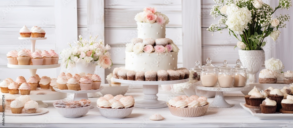 Delectable candy bar at wedding reception with tiramisu cupcakes and floral macaroons