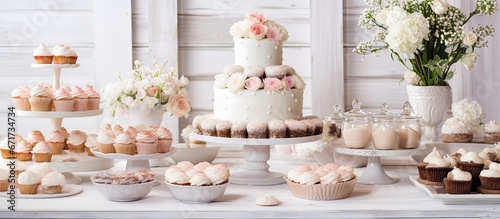 Delectable candy bar at wedding reception with tiramisu cupcakes and floral macaroons