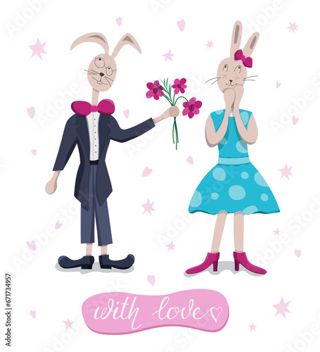  Color vector illustration with banner “with love“ and two rabbit characters, on a white background adorned with hearts and stars. Cartoon style. Idea for Valentine's Day card, greeting cards 
