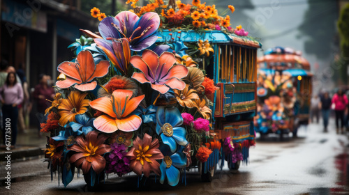 Flower floats parading during Medell  n Flower Festival  Colombia.