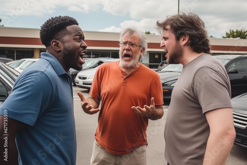 Three men arguing in a parking lot photo