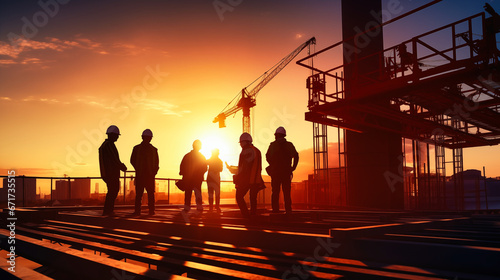Silhouette of engineer team at construction site with sunset sky background