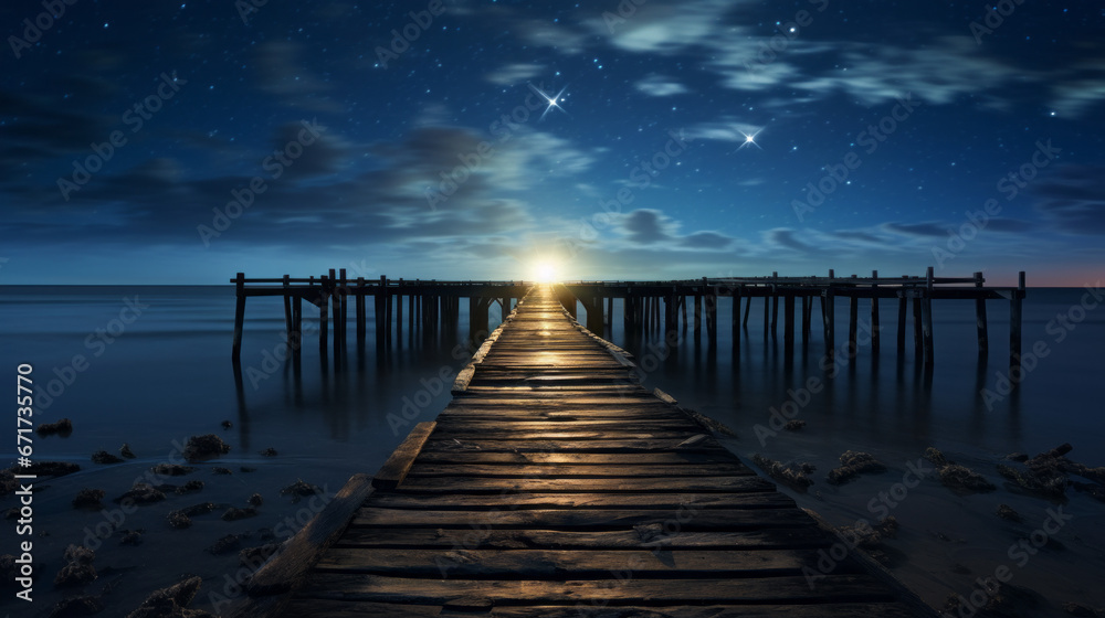 An old wooden pier extends out into the horizon, its aged structure silhouetted against the star-filled night sky