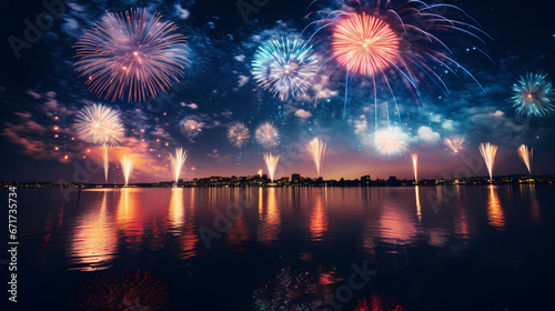 A spectacular display of fireworks lighting up the night sky over a calm, reflective body of water, marking a moment of celebration