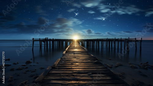 An old wooden pier extends out into the horizon  its aged structure silhouetted against the star-filled night sky