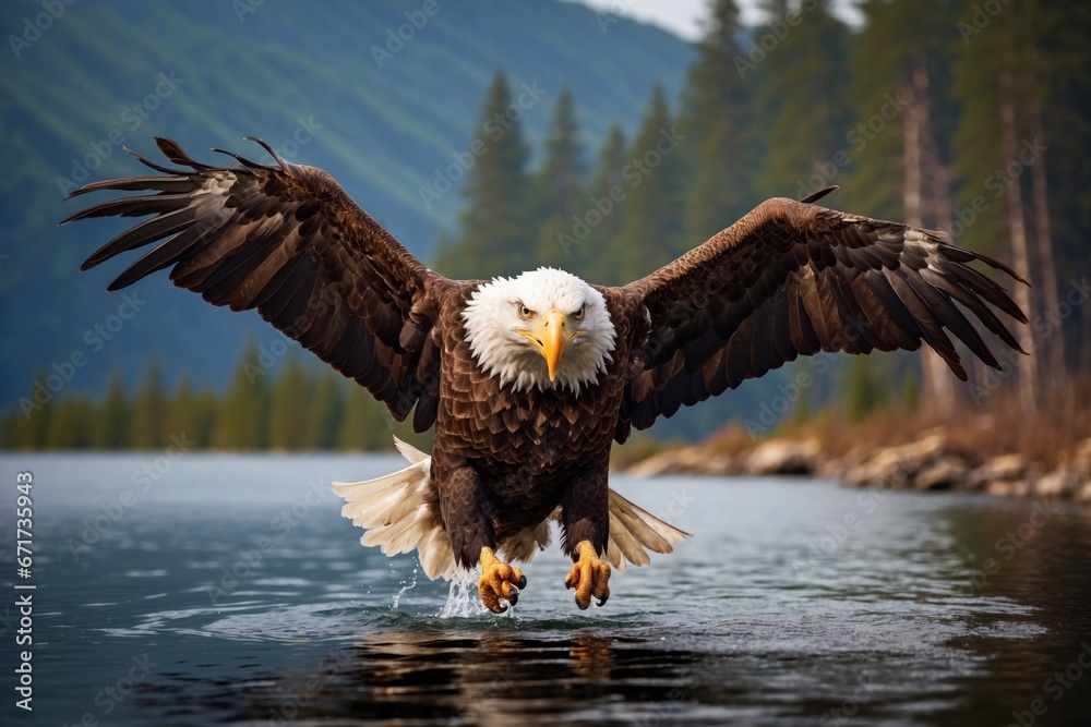 Bald Eagle Flying and Hunting Over Water. ai generative Bald Eagle Flying and Hunting Over Water. ai generative