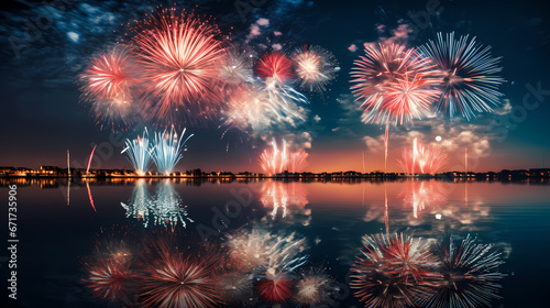 A spectacular display of fireworks lighting up the night sky over a calm, reflective body of water, marking a moment of celebration