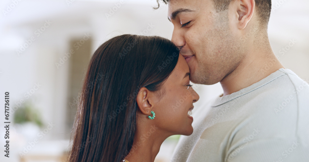 Fototapeta premium Face, love and trust with a couple closeup in their apartment together for care, romance or bonding. Relax, support or commitment with a happy young man and woman in their home on the weekend