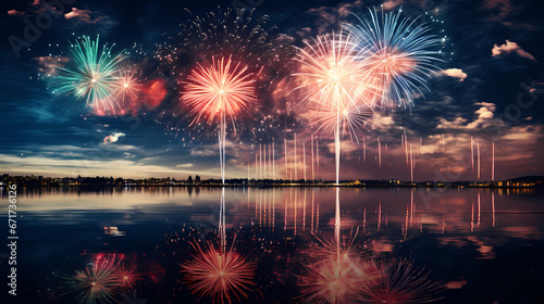 A spectacular display of fireworks lighting up the night sky over a calm, reflective body of water, marking a moment of celebration