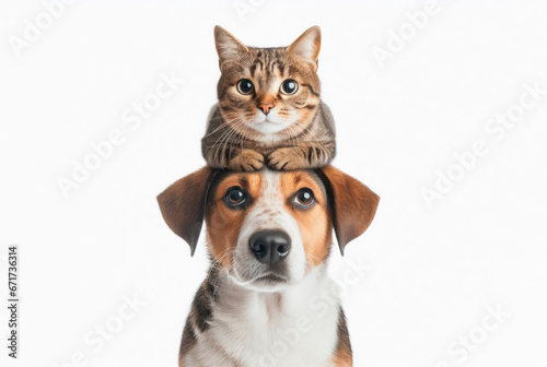 Dog with cat on top of its head on white Background. ai generative © Igor