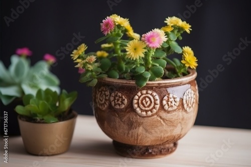 Adorable plant with blooming flower in brown pot for home decoration. Generative AI