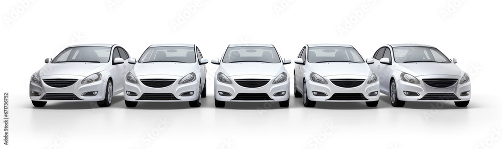 fleet of white cars in a row isolated from transparent background