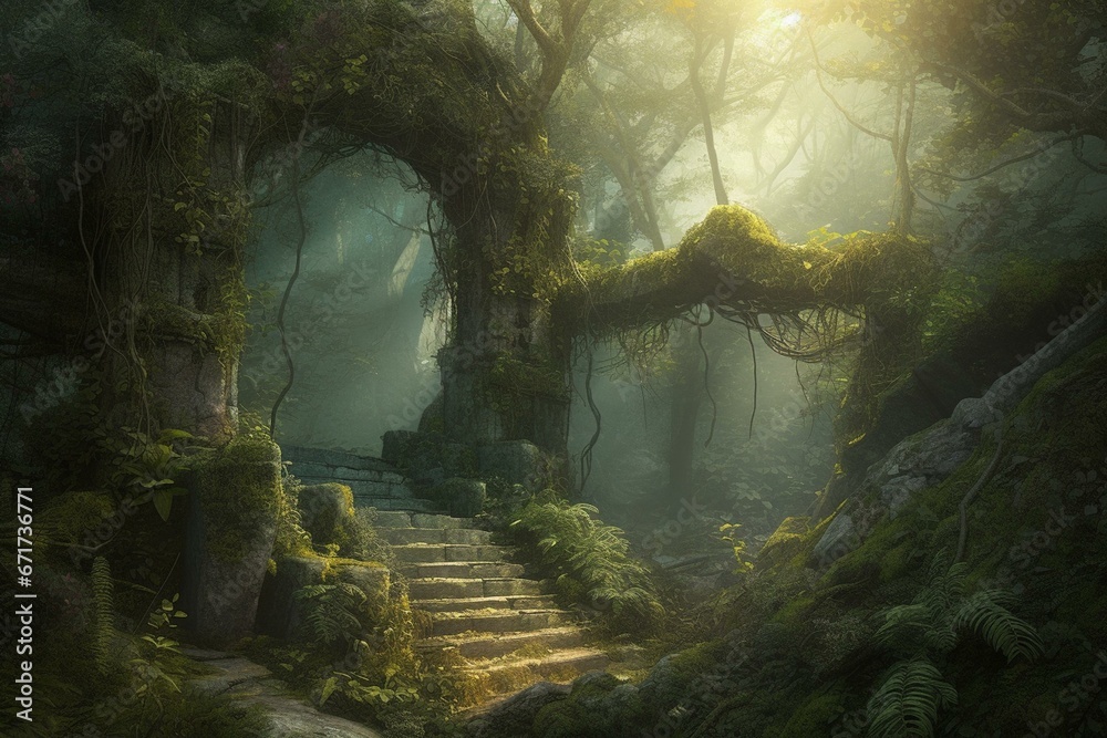A large mystical gateway within an ancient enchanted woodland, portrayed through digital artwork. Generative AI