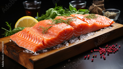 Delicious Raw Salmon atop cutting board, delectable food notion.