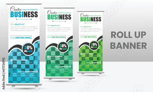 Roll up banner design template, Editable vertical template vector set, modern standee and flag banner
