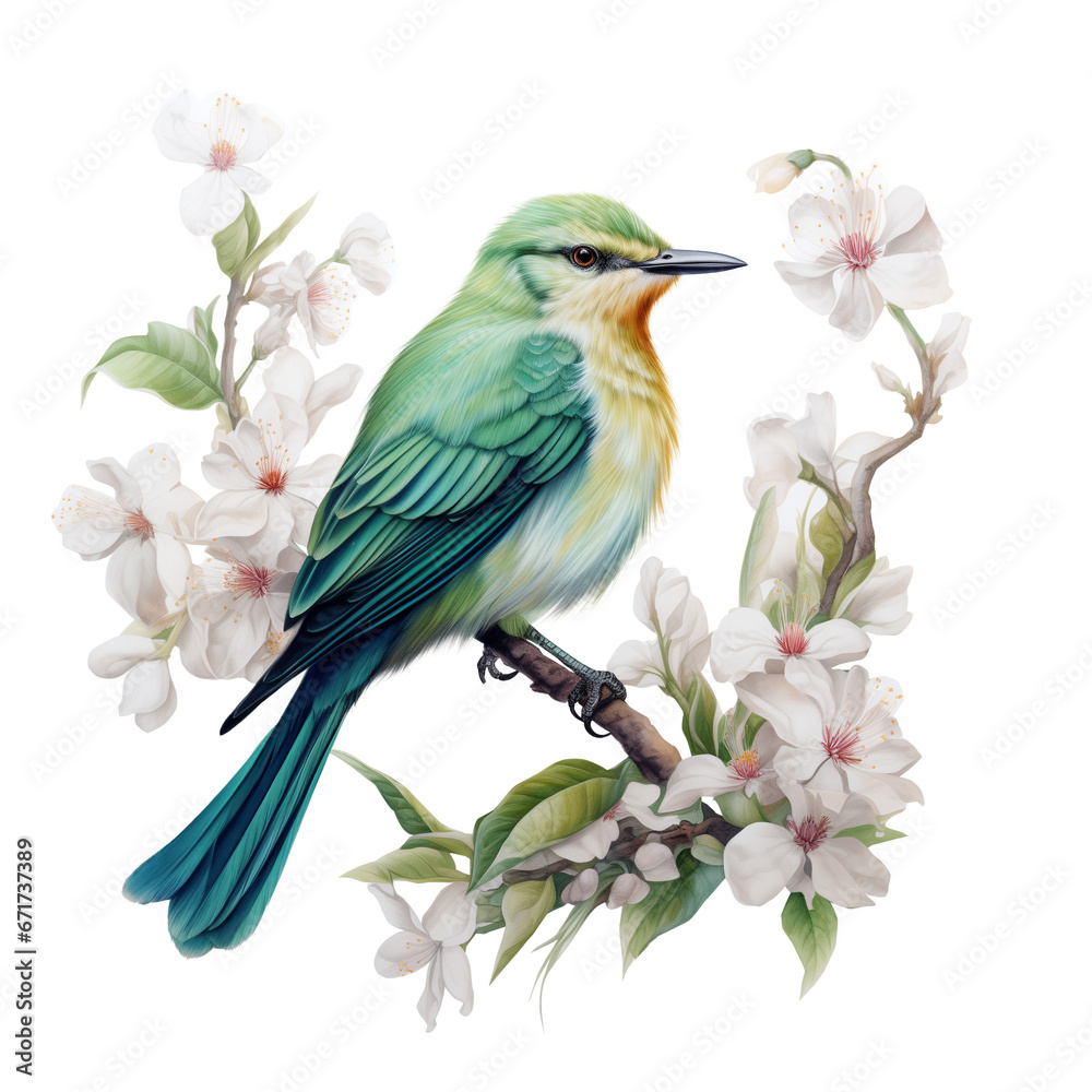 Spring colorful bird. Little bird sit on a branch. Illustration isolated on white background.
