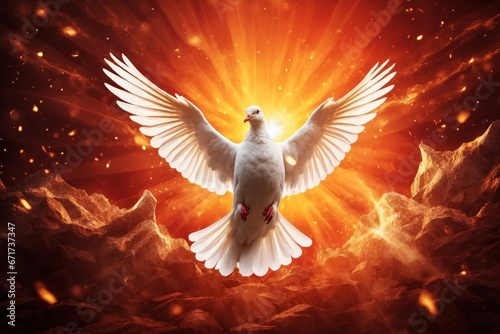 Pentecost Sunday. Flying white dove in fire background. ai generative