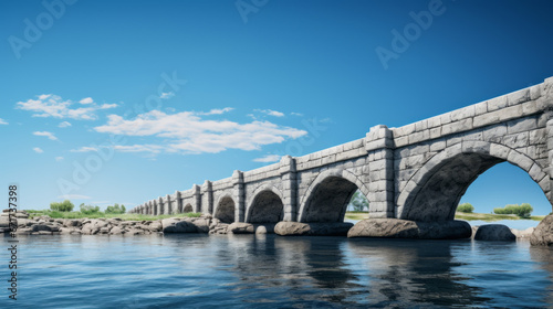 An old stone bridge stands tall against a brilliant blue sky, spanning a wide expanse of calm waters