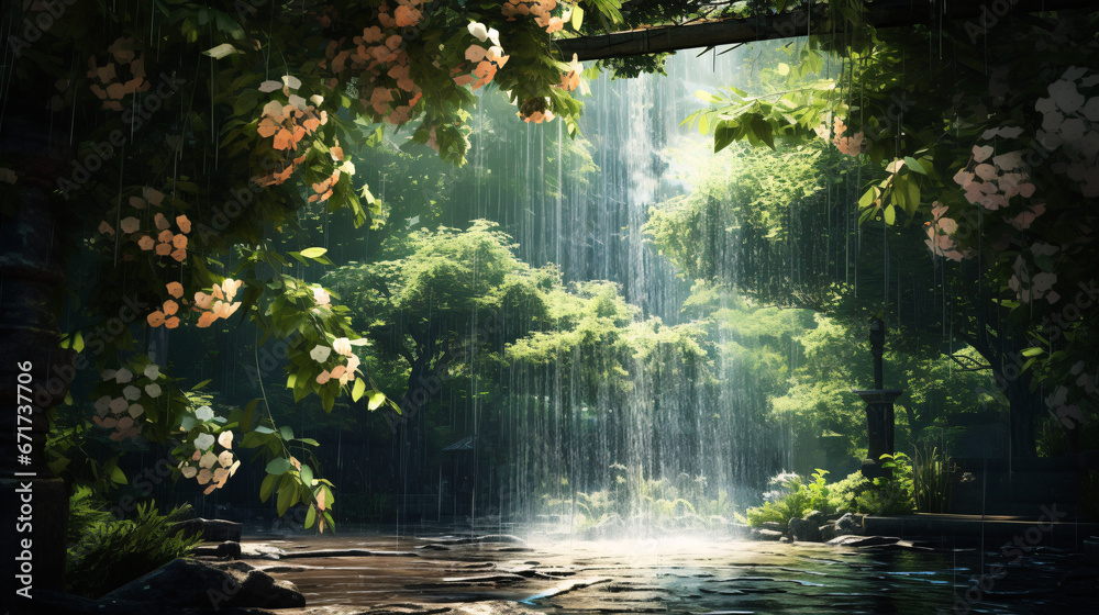Enjoy the soothing nature while experiencing a marvelous downpour in the warmth of spring or summer. - obrazy, fototapety, plakaty 