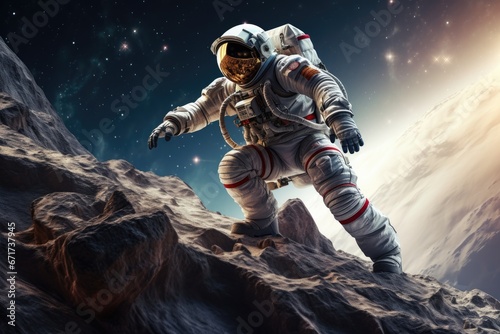 Exploring the Unknown: A Lone Astronaut Ventures Across a Rugged Landscape