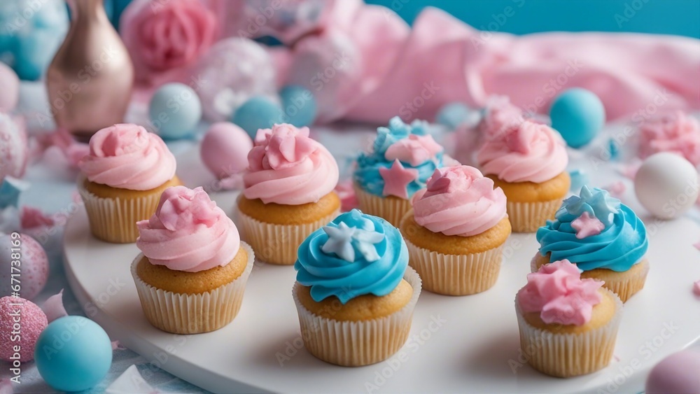 cupcake with pink frosting  Cupcakes with pink and blue frosting and baby-themed decorations on a white tablecloth.  