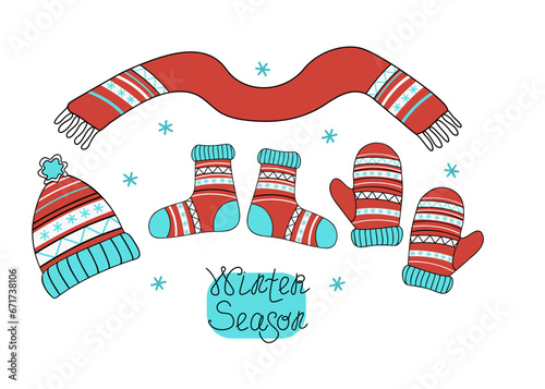Winter accessories, knitted clothes. Cozy knitted clothes. Handicrafts, knitting Set. Warm Mittens, socks and  hat with  ornament. Christmas ornament. Illustration on an isolated background.