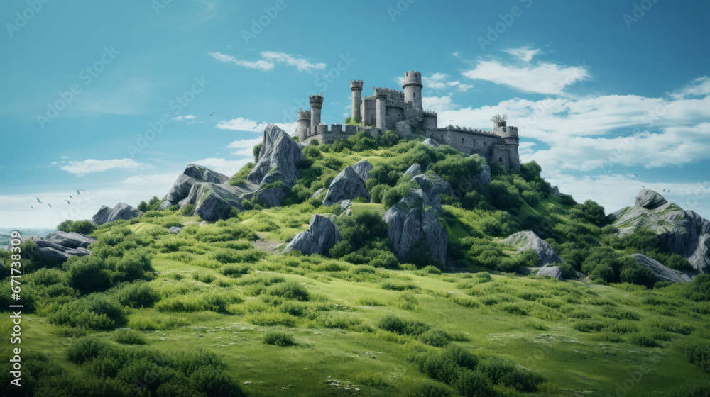 An old stone castle is situated atop a hill, surrounded by a vibrant green landscape and a brilliant blue sky