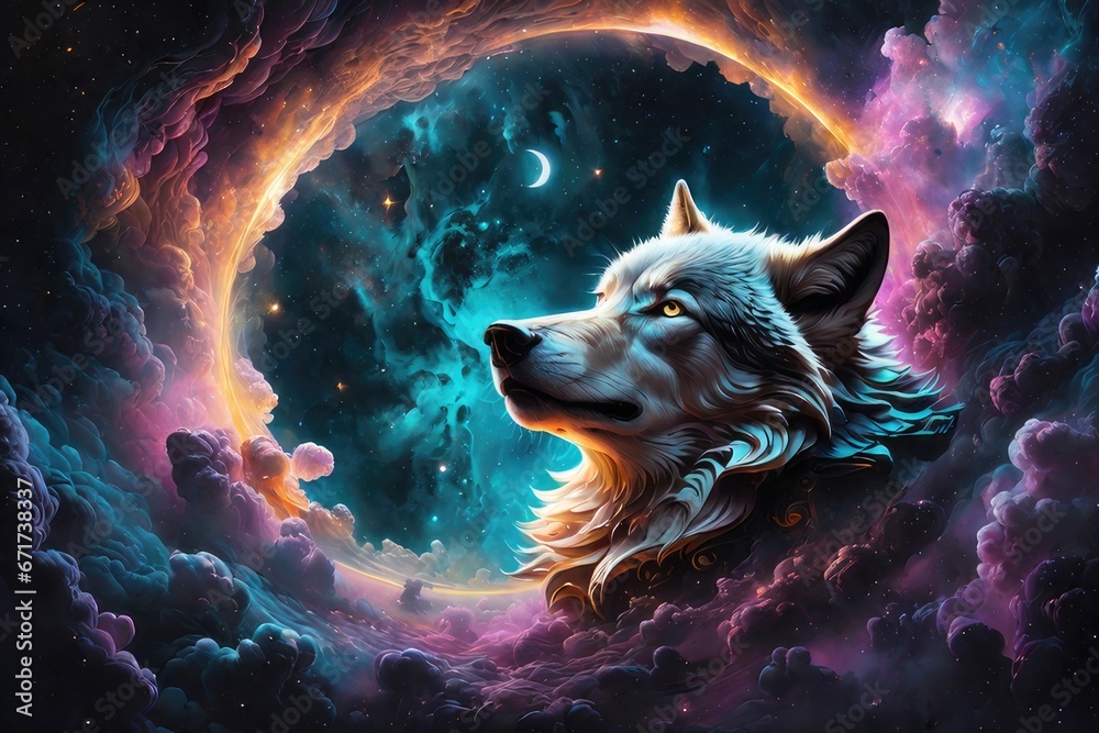 Fototapeta premium Generative Ai Wolf Fantas in space galaxy, s, fantasy wolf, fantasy wolf in galaxy space, Wolf in the Surrealist and Abstract Galaxy, wolf howling, Fantasy Surreal Galaxy with Wolf Face in Space