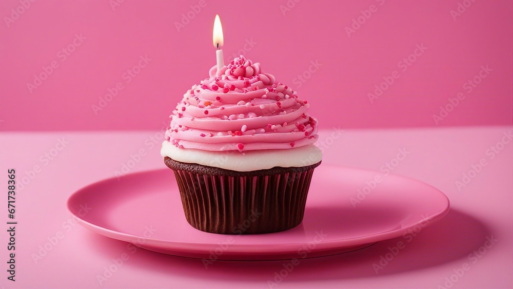pink cupcake with candle A pink birthday cupcake with pink frosting and a candle on a pink plate. blank empty background, pink cupcake with candle A pink birthday cupcake with pink frosting and a candle on a pink plate. blank empty background,