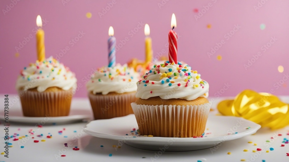 cupcake with candle _A realistic scene of a birthday cupcake decorated with candles on a white plate. The cupcake is yellow cupcake with candle _A realistic scene of a birthday cupcake decorated with candles on a white plate. The cupcake is yellow