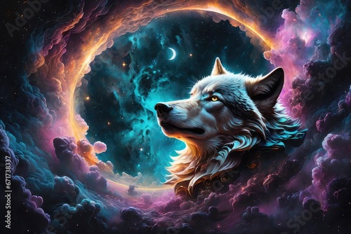 Generative Ai Wolf Fantas in space galaxy, s, fantasy wolf, fantasy wolf in galaxy space, Wolf in the Surrealist and Abstract Galaxy, wolf howling, Fantasy Surreal Galaxy with Wolf Face in Space photo