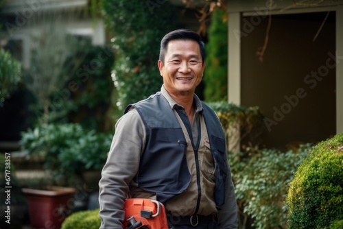 Asian Male Landscaper Job Professional Backdrop Generative AI photo