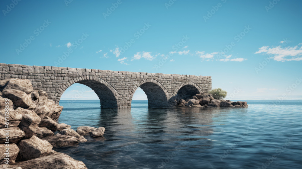 An old stone bridge stands tall against a brilliant blue sky, spanning a wide expanse of calm waters