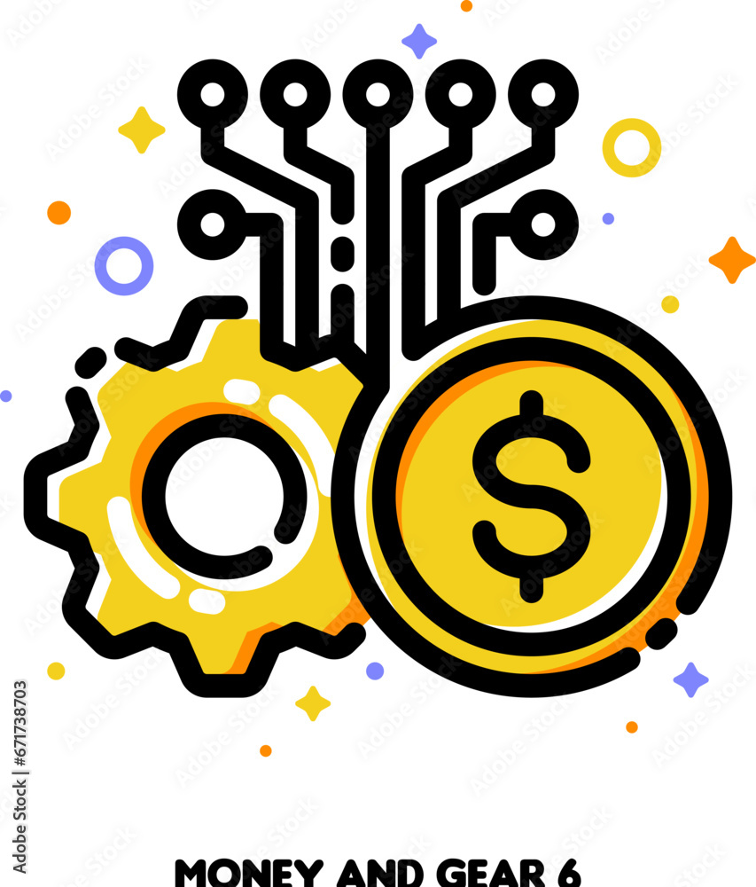 Fototapeta premium Icon of coin and gear for cryptocurrency transactions and digital payment system concept. Flat filled outline style. Pixel perfect 64x64. Editable stroke