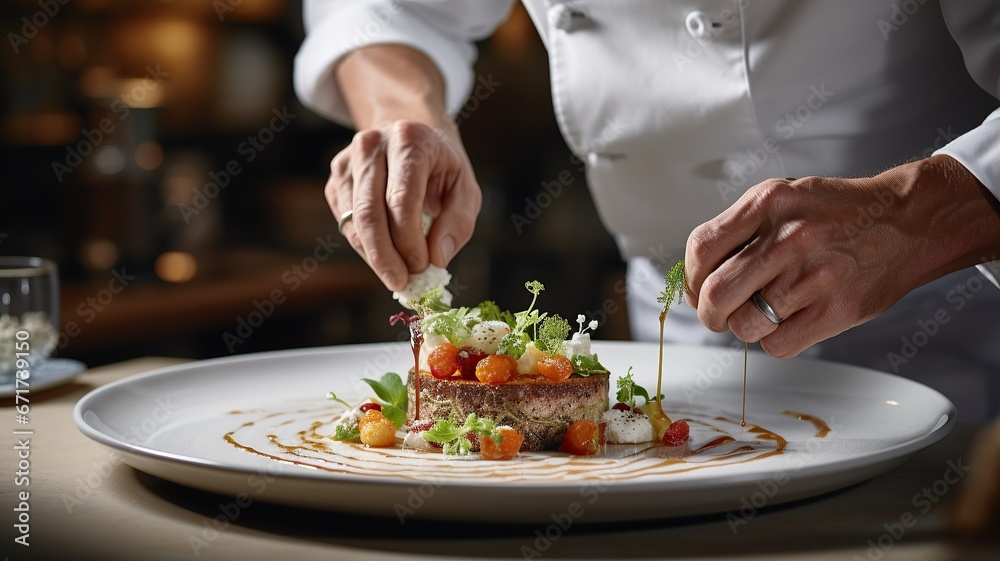 horizontal close up view of a fine dining chef finishing to garnish a dish AI generated