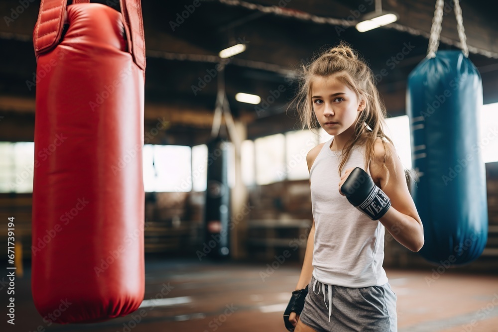 young boxer girl standing in front of a boxing bag at the gym