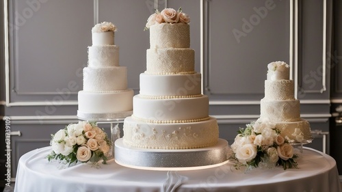 wedding cake with flowers Wedding cakes tiered at an indoor party. The cakes have different shapes, sizes, and decorations.   photo