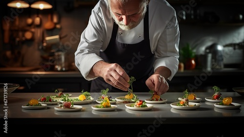 horizontal view of a fine dining chef plating small dishes AI generated