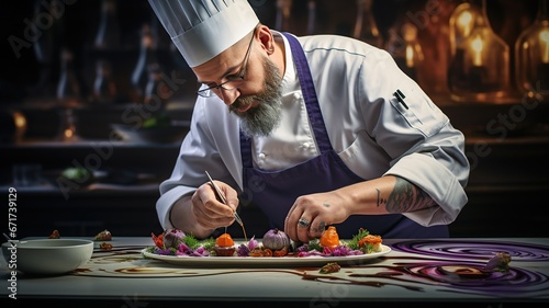 horizontal view of a fine dining chef decorating a dish AI generated