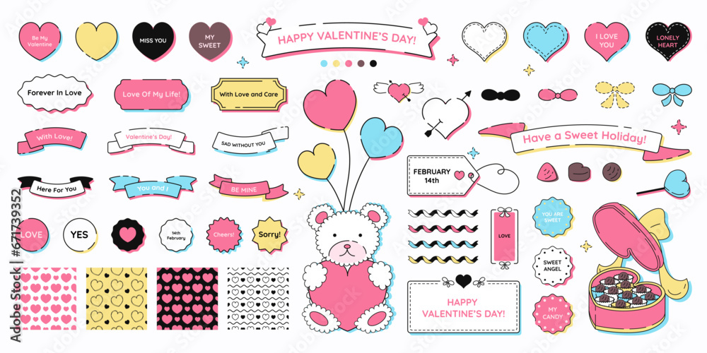 Valentine's Day design elements, set of decorative drawings with holiday symbols and abstract frames, sticker pack. Vector illustration.