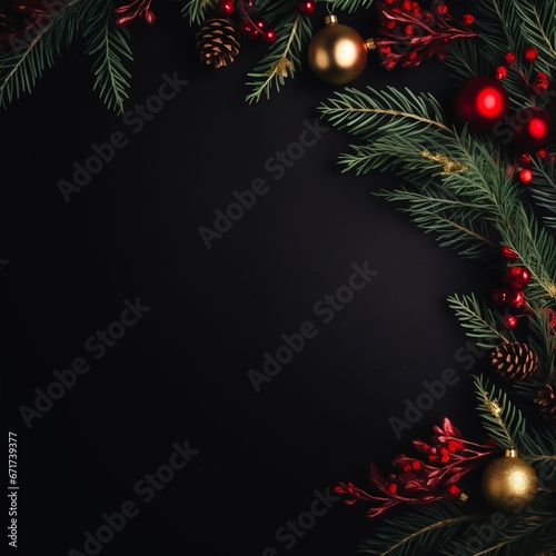 Christmas tree branches with Berries and christmas gold and red decorations on an empty black color background